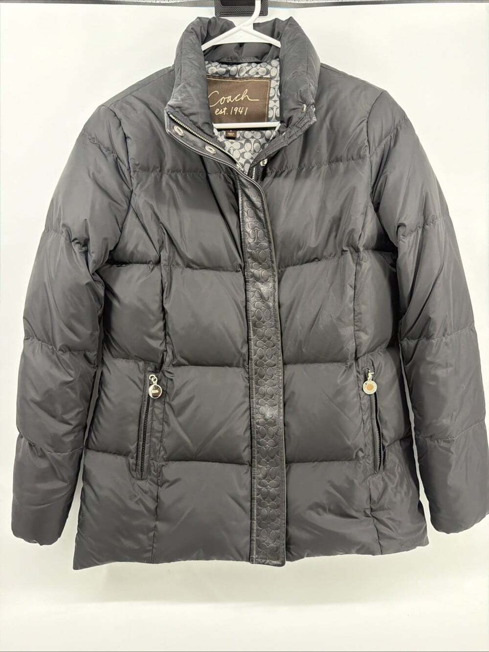 Coach Leather Logo Down Filled Black Puffer Jacket Women’s SzM Lined Coach Logo